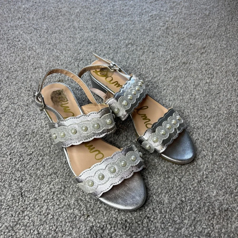 Sam Edelman sandals girls 3 Silver Scalloped Pearl Block Heel Metallic‎ spring